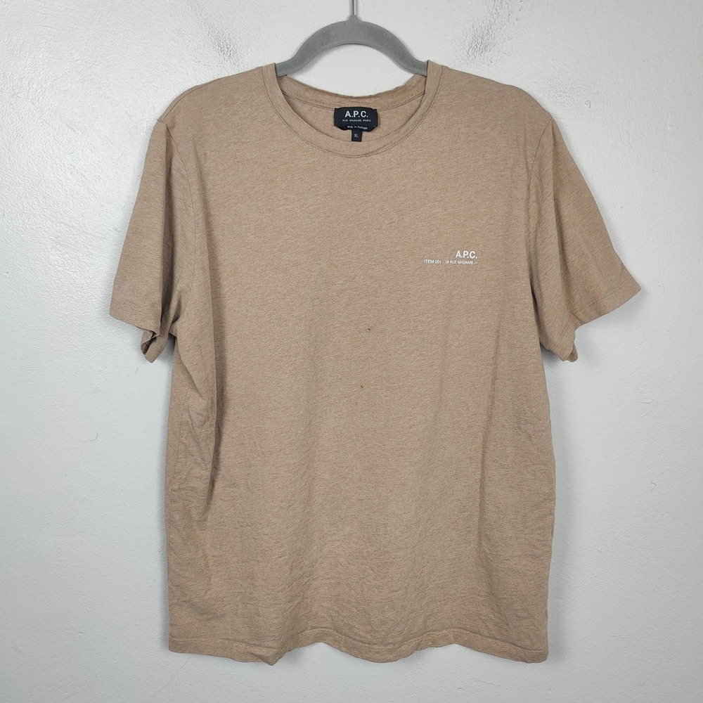 APC Logo T-shirt Mens XL Tan Heather Cotton Crewneck Boxy Top‎ Tee Designer - Picture 2 of 11
